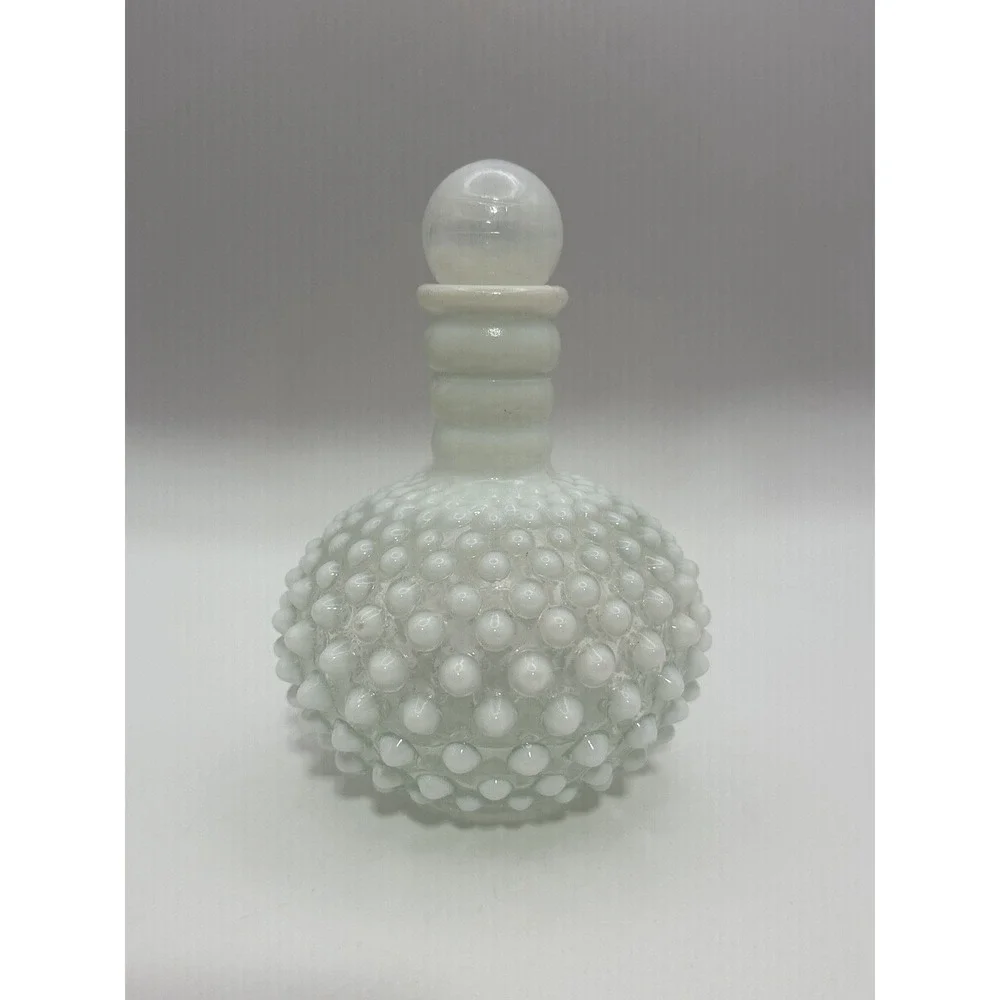Vintage White Opalescent Hobnail Glass Perfume Decanter Bottle With Stopper